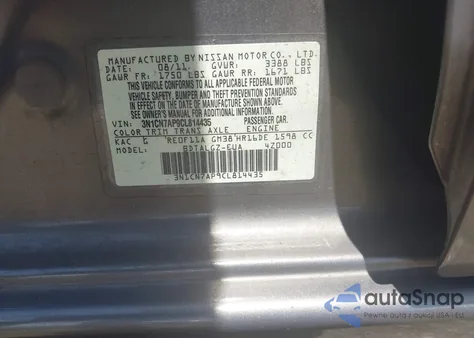 2012 Nissan Versa 1.6 Sl z USA, uszkodzony, nr VIN 3N1CN7AP9CL814435